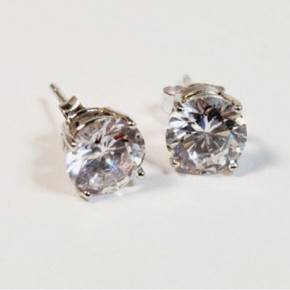 CZ Round Sterling Silver Stud Earrings. - Picture 1 of 5